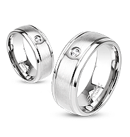 Two Tone Mirror Polished Edge and Brushed Metal Center with CZ Band Ring Solid Titanium