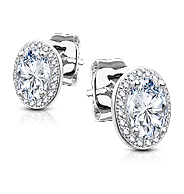 Pair of .925 Sterling Silver CZ Paved Double Tier Oval Solitare CZ Earrings